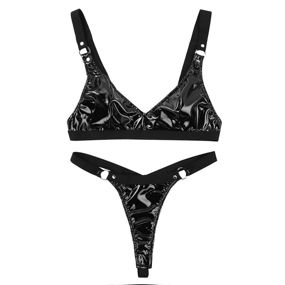 Frauen Hot Micro Bikini Dessous Set Wetlook Leder Latex Bh Top Mini T