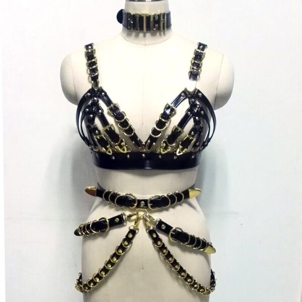 100% Handcrafted Sexy Heavy Duty Schwarz Top Bh PU Leder Frauen Harness Gold Brief Halsband Taille Cincher Gürtel