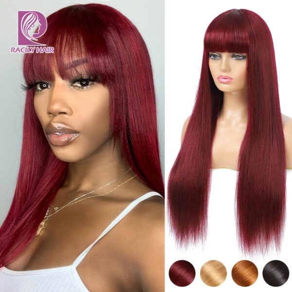 100% menschliches Haar Perücke Mit Pony Farbige Remy Brasilianische Gerade Perücke 1B 99J Burgund Braun Blonde Perücken Für Schwarze Frauen racily Haar