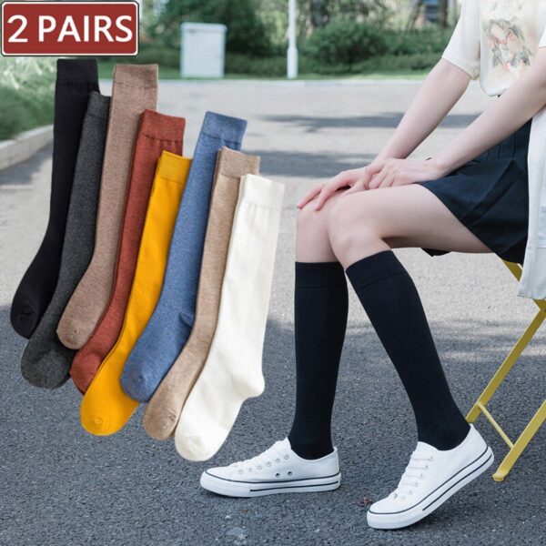 2 Pairs Frauen Baumwolle Knie Hohe Socken Schwarz Weiß einfarbig Mode Lässig Kalb Socke Weibliche Mädchen Party Tanzen Sexy lange Socken