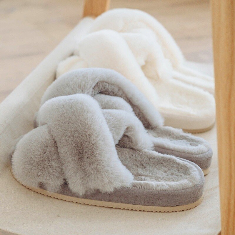 2021 Winter Neue Frauen Weiche Plüsch Pelzigen Kreuz Band 3cm Ferse Pelz Frauen Schuhe Indoor Damen Plattform Offene spitze flauschigen Haus Hausschuhe – Bild 4
