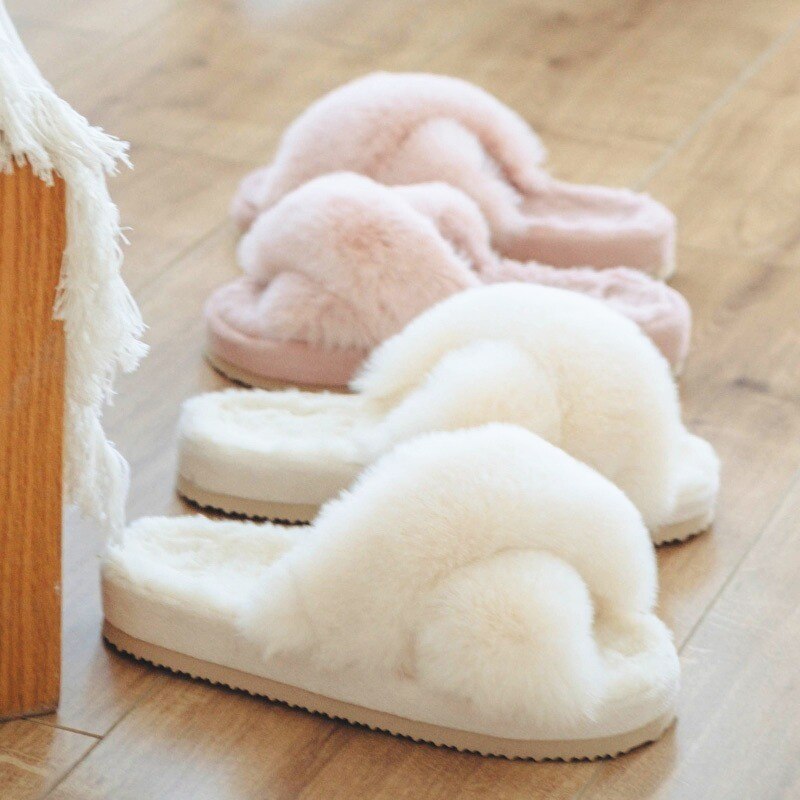 2021 Winter Neue Frauen Weiche Plüsch Pelzigen Kreuz Band 3cm Ferse Pelz Frauen Schuhe Indoor Damen Plattform Offene spitze flauschigen Haus Hausschuhe – Bild 5
