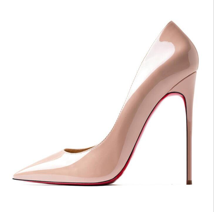 2021 frühling Frauen Spitzen Schuhe Luxus Logo 12cm Hohe Ferse Rot Hochzeit Schuhe Flach Mund Nude/schwarz Echt leder Große Größe 44 – Bild 4