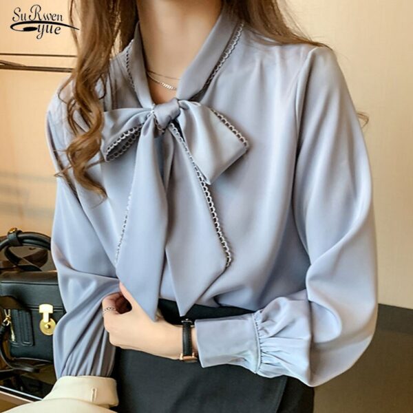 2021 frühling Mode Koreanische Tops Satin Chiffon Bluse Frauen Lose Lange Hülse Shirt Weiß Blau Büro Dame Kleidung mit Bogen 10691