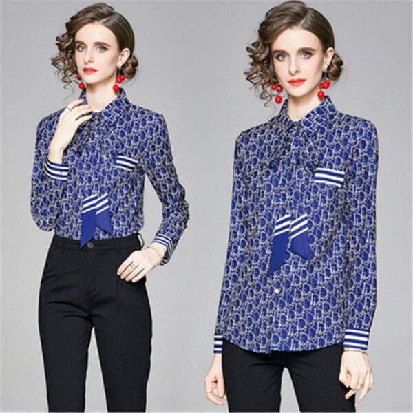 2021 frühling Mode Neue High-Qualität Druck Bogen-Knoten Lange Ärmeln Temperament Shirt frauen Top Trendy h222