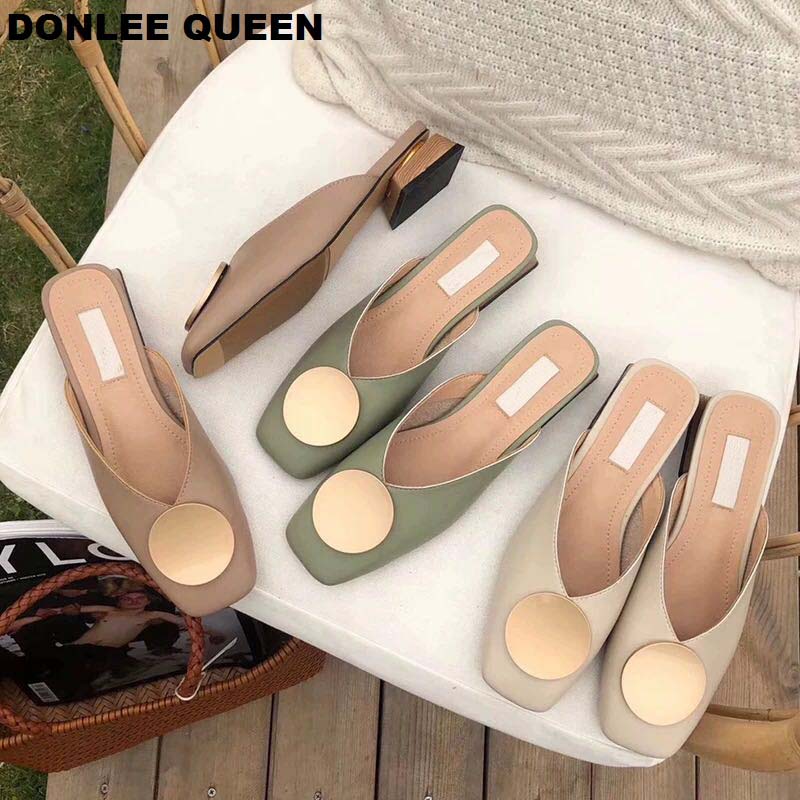 2021 marke Designer Frauen Hausschuhe Slip Auf Maultiere Flache Ferse Casual Schuhe Britischen Schnalle Rutschen Holz Block Heels Sommer Schuhe
