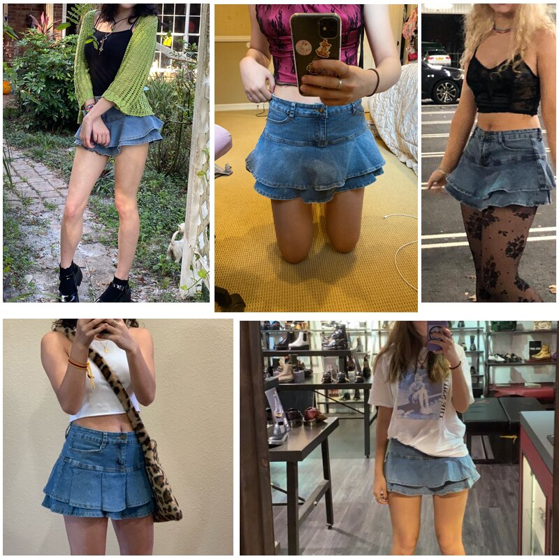 2021 sommer Niedrigen Taille EINE Linie Denim Rock Frauen Sexy Falten Mini Jeans Röcke Koreanischen Stil Casual Faldas Mujer – Bild 6