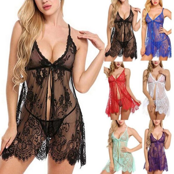 2PCS Sexy Dessous Sehen Durch Spitze Blumen Tiefen V-ausschnitt Push-Up Ärmellose Strickjacke Babydoll Sexy Tanga Exotischen sets секс