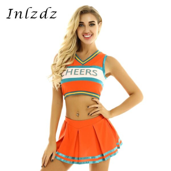 2Pcs Womens Dessous Jubeln Uniform Cheerleader Cosplay Kostüm Outfit V Neck Sleeveless Crop Top mit Mini Plissee Rock