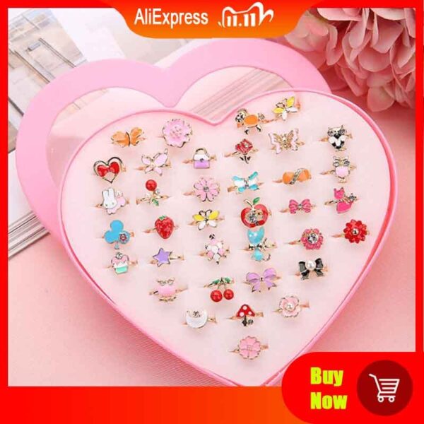 36 stücke Kinder kinder Kleine Mädchen Geschenk, Schmuck Einstellbare Ringe in Box, mädchen Pretend Spielen und Kleid up Ringe, Gelegentliche Form und Col