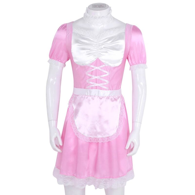 3Pcs Herren Sissy Maid Uniform Kostüm Outfit Satin Kleid mit Halsband und Stirnband Dessous Sex Crossdressing Kostüm – Bild 5