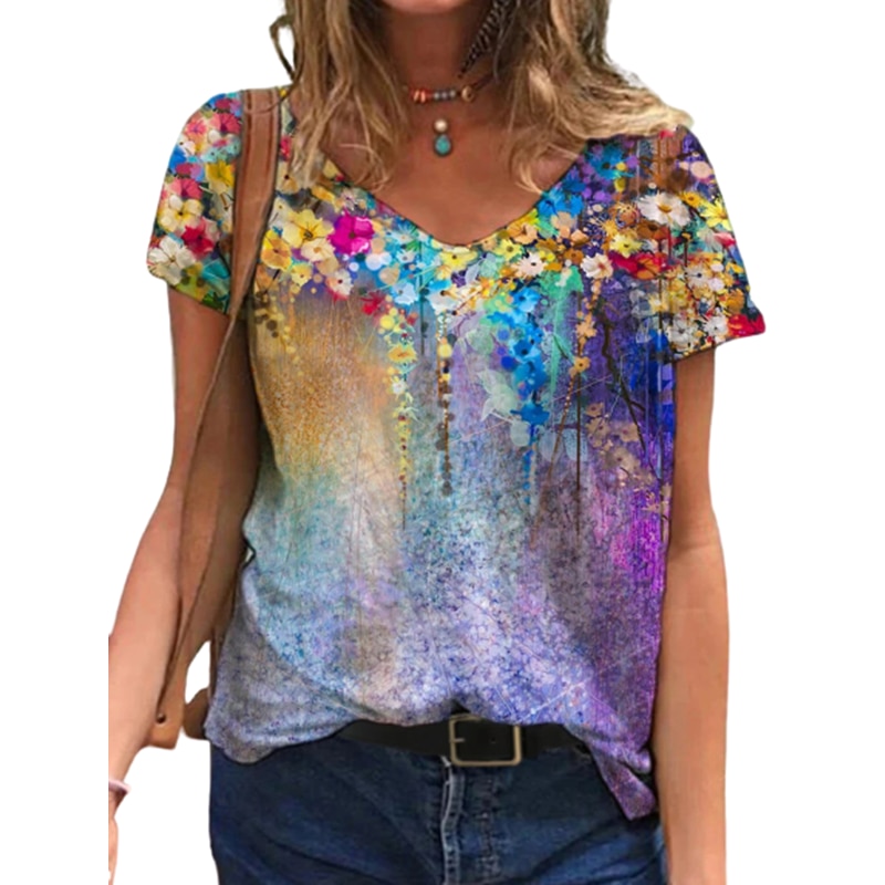 5XL Übergroßen Damen Tops Frauen Plus Größe Floral 3D Print T Shirt Lose V-ausschnitt Kurzarm Casual Tee Top Sommer new Streetwear – Bild 3