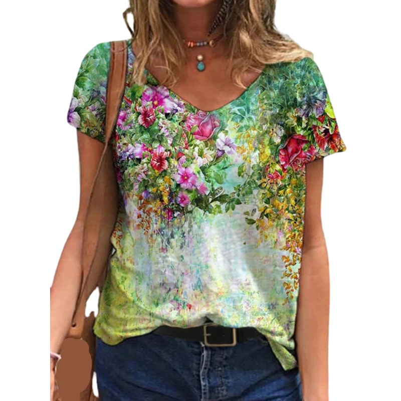 5XL Übergroßen Damen Tops Frauen Plus Größe Floral 3D Print T Shirt Lose V-ausschnitt Kurzarm Casual Tee Top Sommer new Streetwear – Bild 4