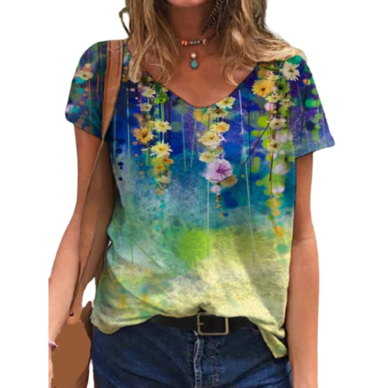 5XL Übergroßen Damen Tops Frauen Plus Größe Floral 3D Print T Shirt Lose V-ausschnitt Kurzarm Casual Tee Top Sommer new Streetwear – Bild 5