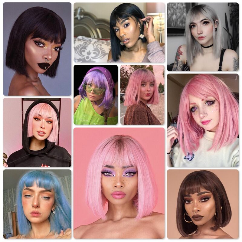 AISI HAAR Kurze Gerade Perücke mit Pony für Frauen Synthetische Perücken Schwarz Lila Rosa Blau Bob Perücke Hitze Beständig Cosplay haar – Bild 4