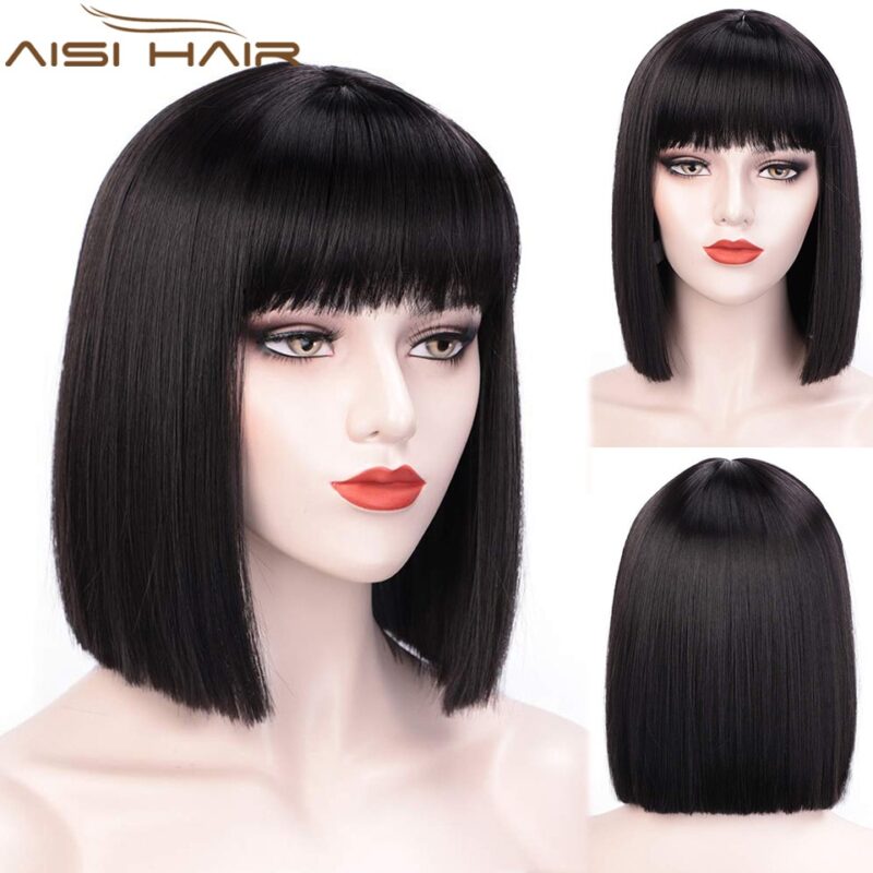 AISI HAAR Kurze Gerade Perücke mit Pony für Frauen Synthetische Perücken Schwarz Lila Rosa Blau Bob Perücke Hitze Beständig Cosplay haar