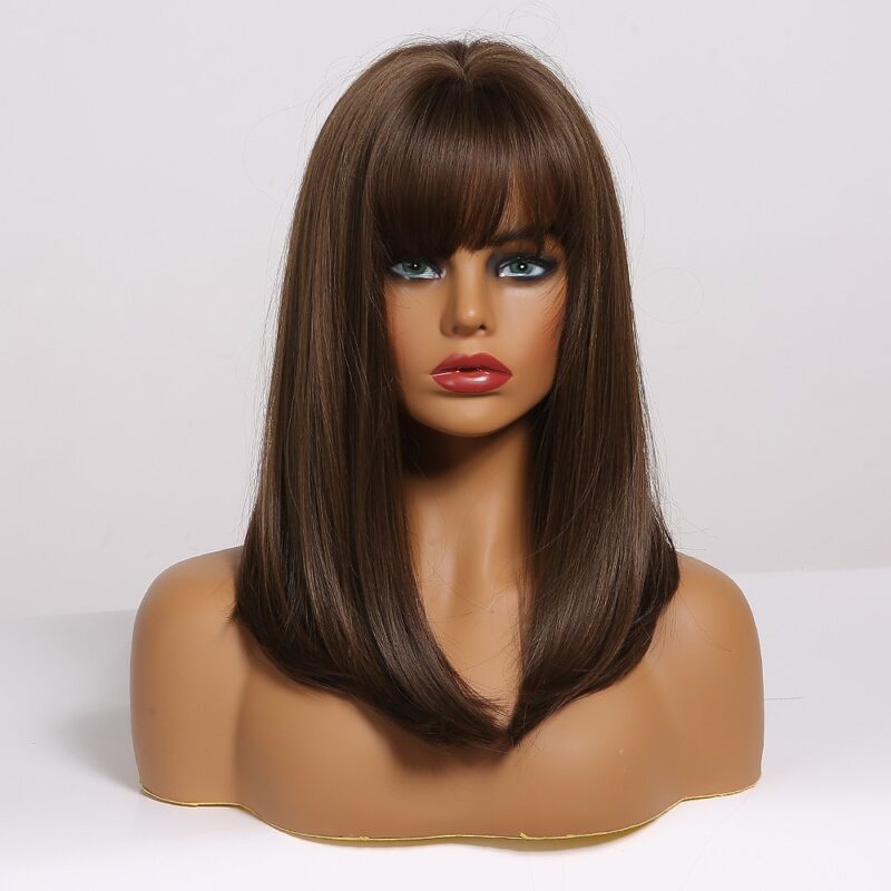 ALAN EATON Medium Bob Gerade Haar Perücke mit Pony Schwarz Braun Synthetische Perücken mit Highlights für Frauen African American Cosplay – Bild 2