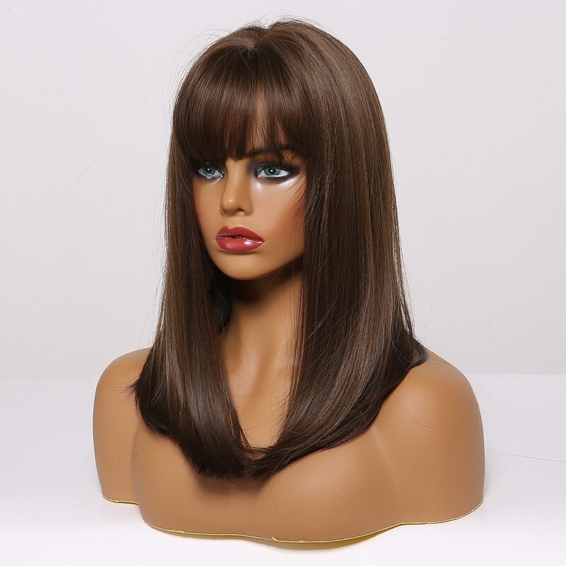 ALAN EATON Medium Bob Gerade Haar Perücke mit Pony Schwarz Braun Synthetische Perücken mit Highlights für Frauen African American Cosplay – Bild 4