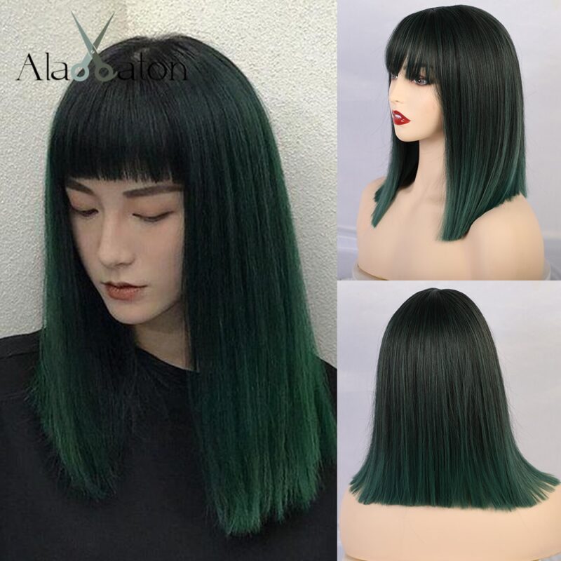 ALAN EATON Medium Bob Gerade Haar Perücke mit Pony Schwarz Braun Synthetische Perücken mit Highlights für Frauen African American Cosplay – Bild 5