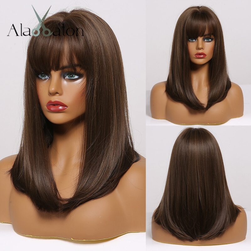 ALAN EATON Medium Bob Gerade Haar Perücke mit Pony Schwarz Braun Synthetische Perücken mit Highlights für Frauen African American Cosplay