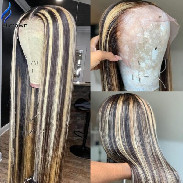 ALICROWN Gerade Ombre Farbe Spitze Front Menschliches Haar Perücken Markieren Brasilianische Remy Haar Spitze Perücken 180% Dichte Gebleichte Knoten