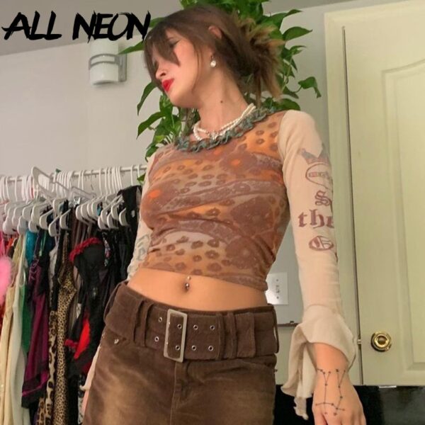ALLNeon Indie Ästhetik Retro Pattren Mesh T-shirts 90s Mode Dünne Oansatz Flare Sleeve Gestellte Y2K Tops E-mädchen vintage Tees