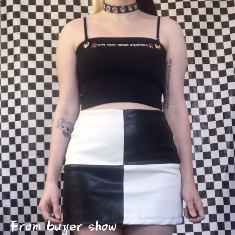 ALLNeon Vintage PU Leder Mini Röcke Patchwork Schwarz und Weiß A-line Kurzen Rock Mode Sommer E-mädchen Plaid Rock streetwear – Bild 4