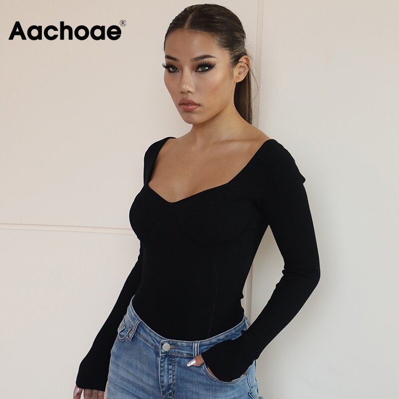 Aachoae Sexy V-ausschnitt Gestrickte Body Frauen Streetwear Langarm Bodycon Overall 2021 Weibliche Club Tragen Feste Farbe Overall – Bild 4