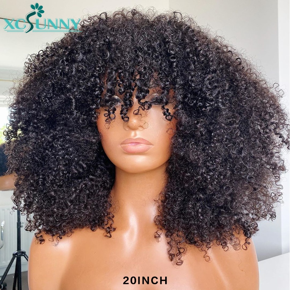 Afro Verworrene Lockige Perücke Mit Pony Volle Maschine Gemacht Kopfhaut Top Perücke 200 Dichte Remy Brasilianische Kurze Lockige Menschliches Haar perücken Xcsunny – Bild 2