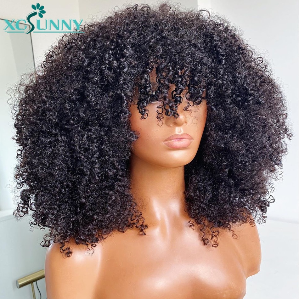Afro Verworrene Lockige Perücke Mit Pony Volle Maschine Gemacht Kopfhaut Top Perücke 200 Dichte Remy Brasilianische Kurze Lockige Menschliches Haar perücken Xcsunny – Bild 3