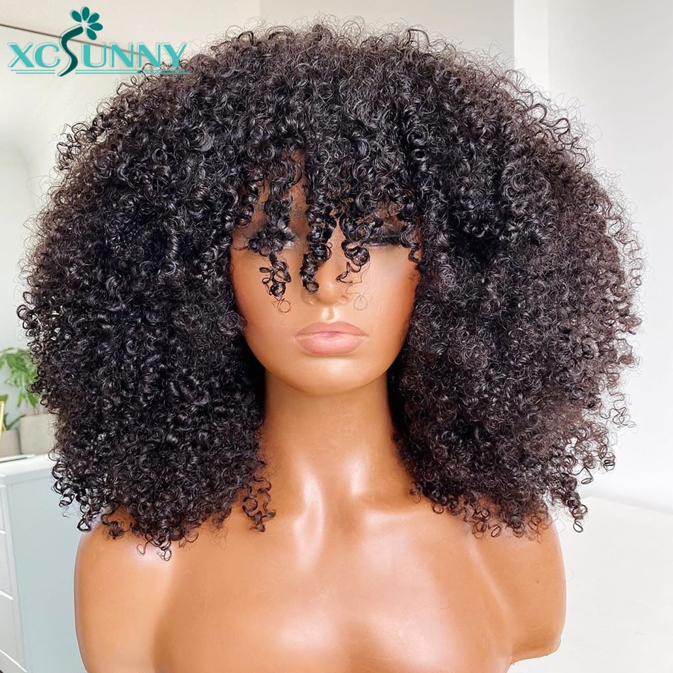 Afro Verworrene Lockige Perücke Mit Pony Volle Maschine Gemacht Kopfhaut Top Perücke 200 Dichte Remy Brasilianische Kurze Lockige Menschliches Haar perücken Xcsunny