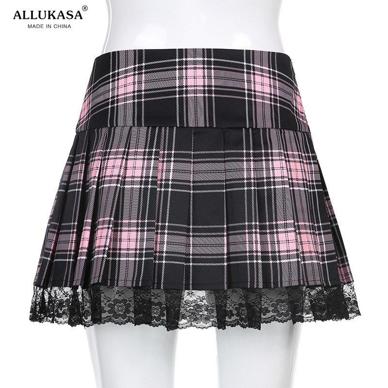 Allukasa Spitze Up Goth Y2K Frau Röcke Rosa Streifen Plaid Spitze Trim Plissee Rock Punk Dark Wissenschaft Ästhetischen E Mädchen kleidung – Bild 6