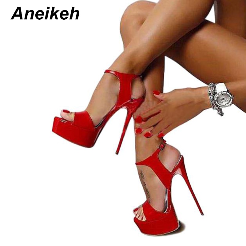Aneikeh 2021 Sommer Plattform Sandalen Sexy 16cm Frauen Sandalen High Heels Offene spitze Schnalle Nachtclub Schuhe Schwarz Große Größe 44 45 46