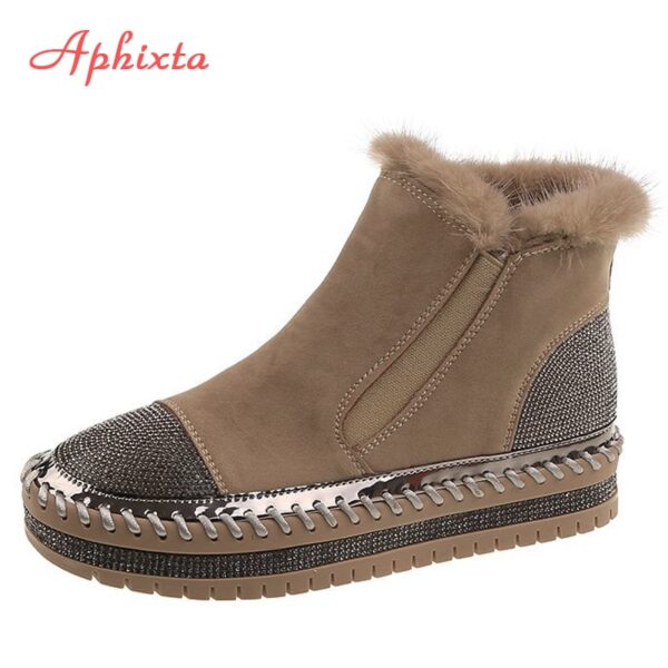 Aphixta Echt Haar Warme Winter Kristalle Schuhe Frau Elastische Band Paar Chunky Sole Plattform Große Größe 44 Wasserdicht Stiefeletten