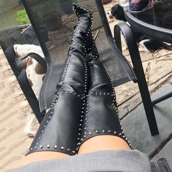 BERZIMER Frauen Über Knie Hohe Stiefel Mit Nieten Stiletto High Heels Stiefel Oberschenkel Hohe Sexy Botas Mujer Schuhe Frau Große Größe 39 44 47