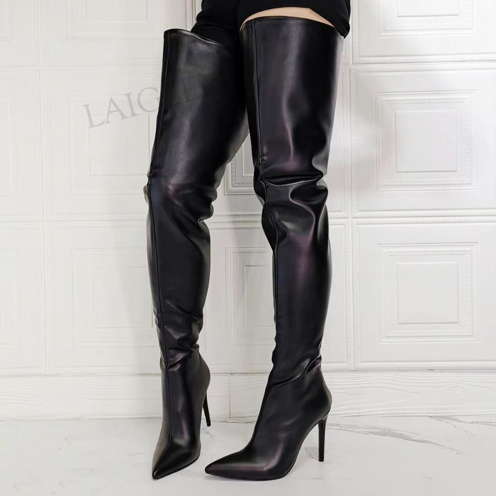 BERZIMER MODE Frauen Oberschenkel Hohe Stiefel Zurück Zip Faux Leder Cosplay Weibliche Unisex Schwarz Schuhe Frau Große Größe 39 43 44 47 – Bild 2