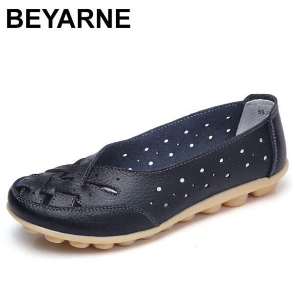 BEYARNE Neue Dropshipping Frauen Schuhe Plus Größe 43 44 Frauen Müßiggänger Frauen Flache Schuhe Hohl Frau Echtem Leder ShoesMoccasins