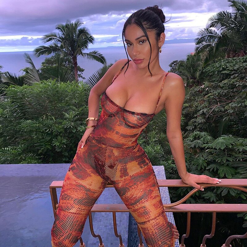BIIKPIIK Aushöhlen Sehen Durch Sexy Overalls Clubwear Print Bodycon Bodys Lange Hosen Overall Casual Mode Overalls – Bild 3