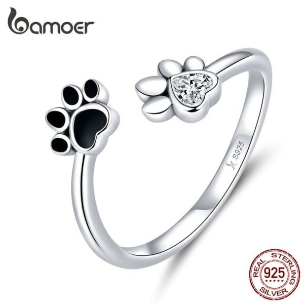 Bamoer Sterling Silber 925 Schwarz Emaille Hund Pfote Offenen Einstellbare Finger Ringe für Frauen Anti-allergie Schmuck Zubehör SCR605