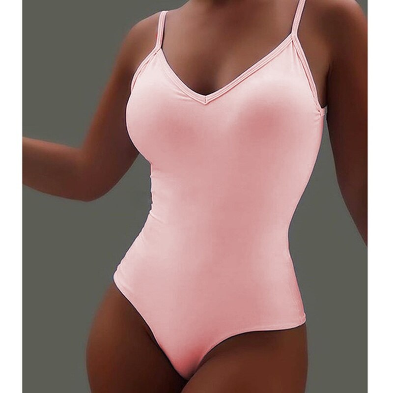 Bodys Frauen Stretch Schlank Strampler V-ausschnitt Sexy Halter Backless Sleeveless Einfarbig Spaghetti Strap plus größe Overall Tops – Bild 5