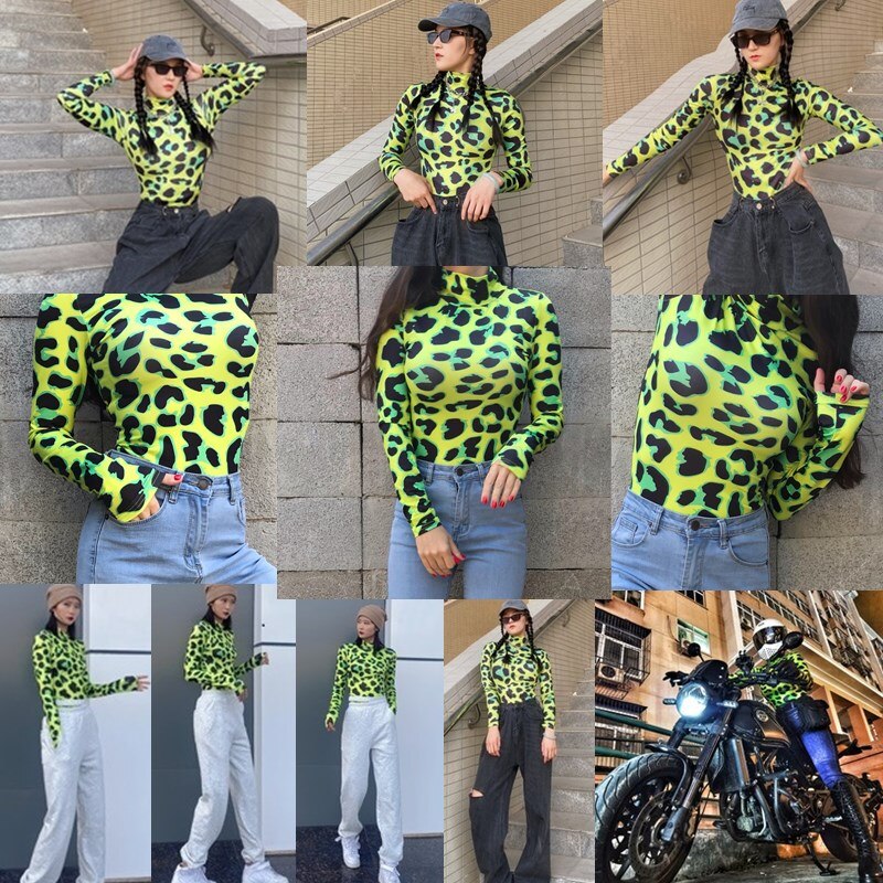 CNYISHE Frauen Langarm Leopard Haut Prinetd Body Sexy Neon Grün Streetwear Overall Dünne Leopard Tops Mode Strampler – Bild 2