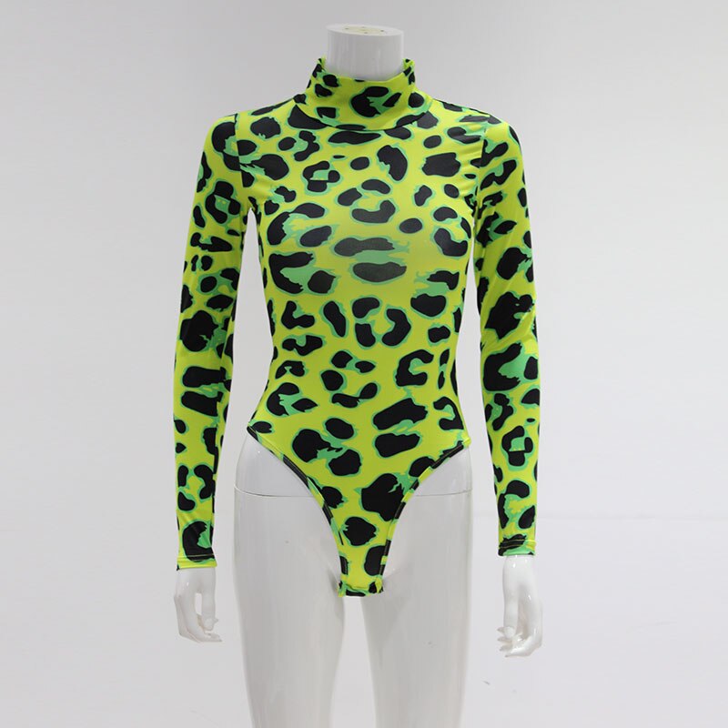 CNYISHE Frauen Langarm Leopard Haut Prinetd Body Sexy Neon Grün Streetwear Overall Dünne Leopard Tops Mode Strampler – Bild 6