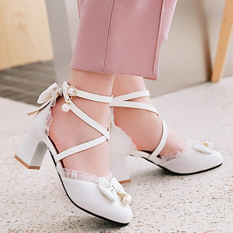 COOLULU 2021 Frühling Lolita Schuhe Frauen High Heels Ankle Strap Pumpen Bogen Block Ferse Schuhe High Heels Party Schuhe Weiß schwarz 44 – Bild 3
