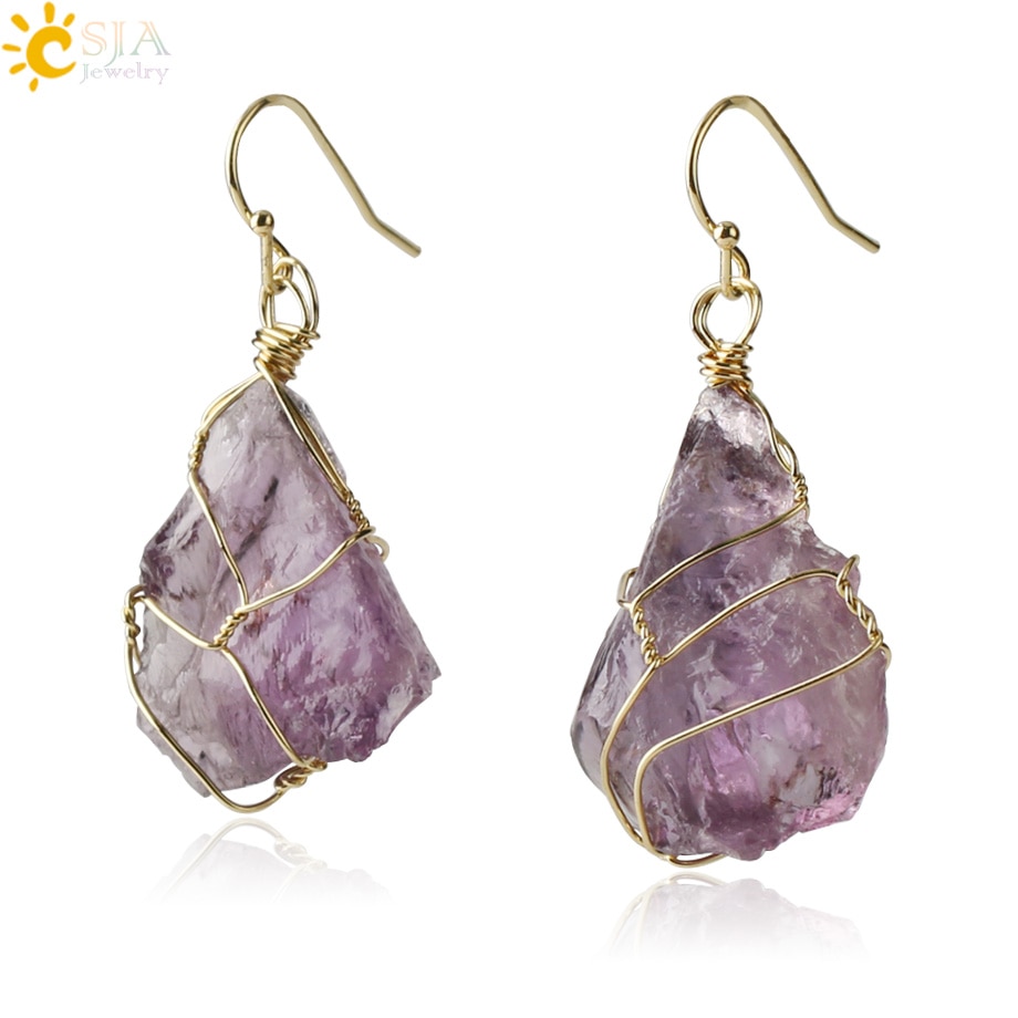 CSJA Unregelmäßigen Natürlichen Stein Tropfen Ohrringe Kristall Gold-Farbe Draht Wrap Asymmetrische Pendientes für Frauen Trendy Schmuck Geschenk G328