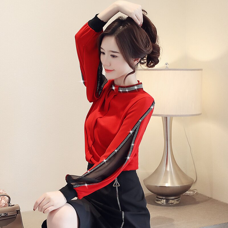 Chiffon Shirts Diamanten Neue 2021 Sexy aushöhlen Mesh harajuku Shirts Elegante Stehkragen Langarm Frauen Tops blusas H34D – Bild 2