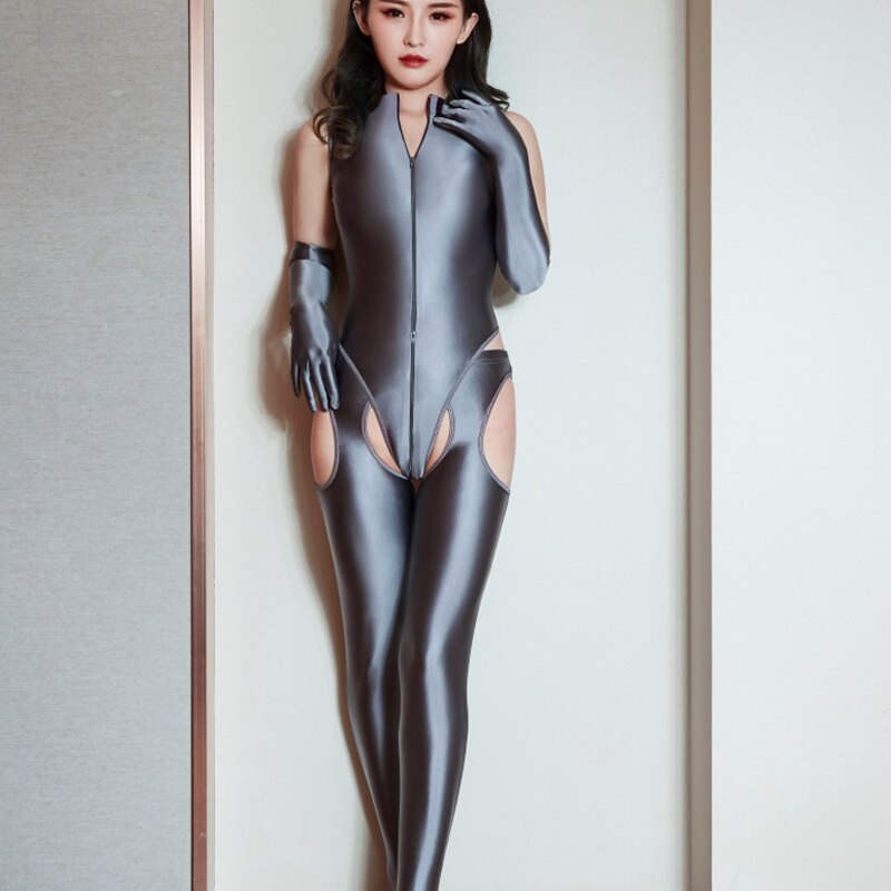 DROZENO Glänzend seidig tuch Super sexy passenden drei stück set; hohl leggings, handschuhe, zipper overall – Bild 6