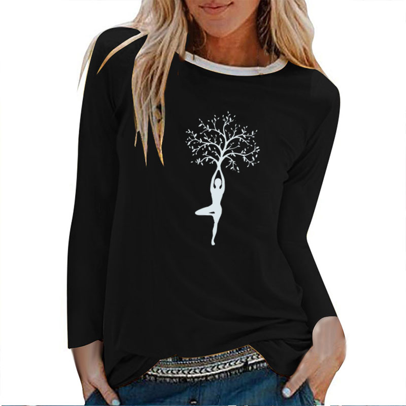 Dame Baum Druck Lange Hülse T-shirts Frauen Herbst Winter Shirts für Frauen Baumwolle Graphic Tees Ästhetischen Weiß O Neck Tops weibliche – Bild 2