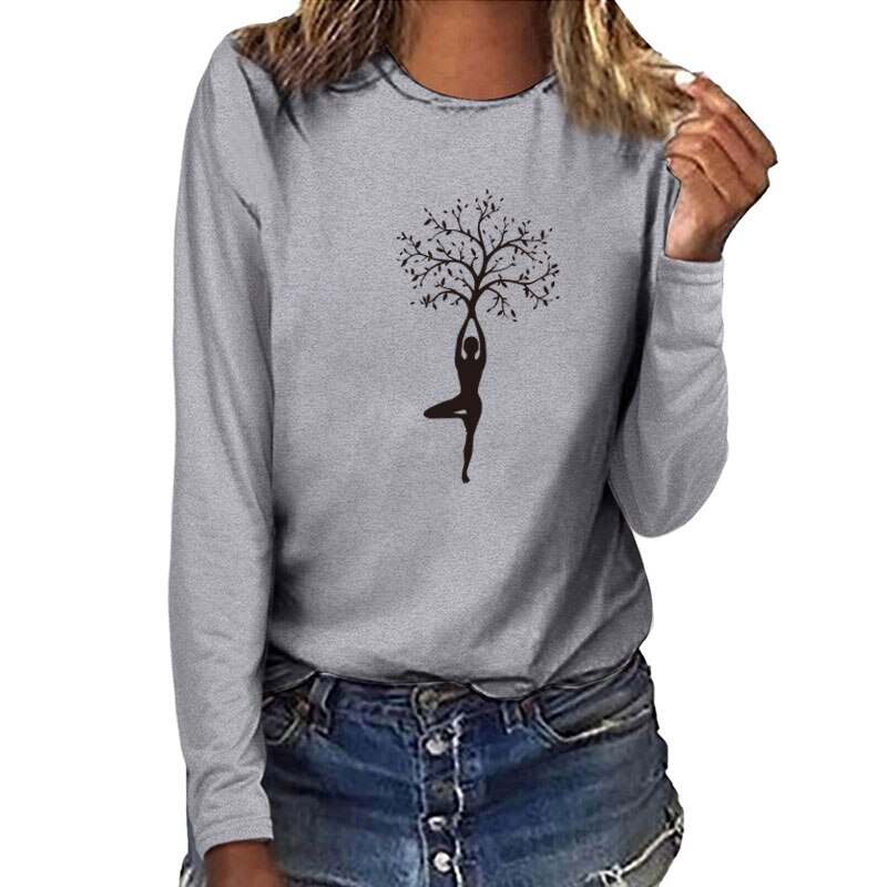 Dame Baum Druck Lange Hülse T-shirts Frauen Herbst Winter Shirts für Frauen Baumwolle Graphic Tees Ästhetischen Weiß O Neck Tops weibliche – Bild 3
