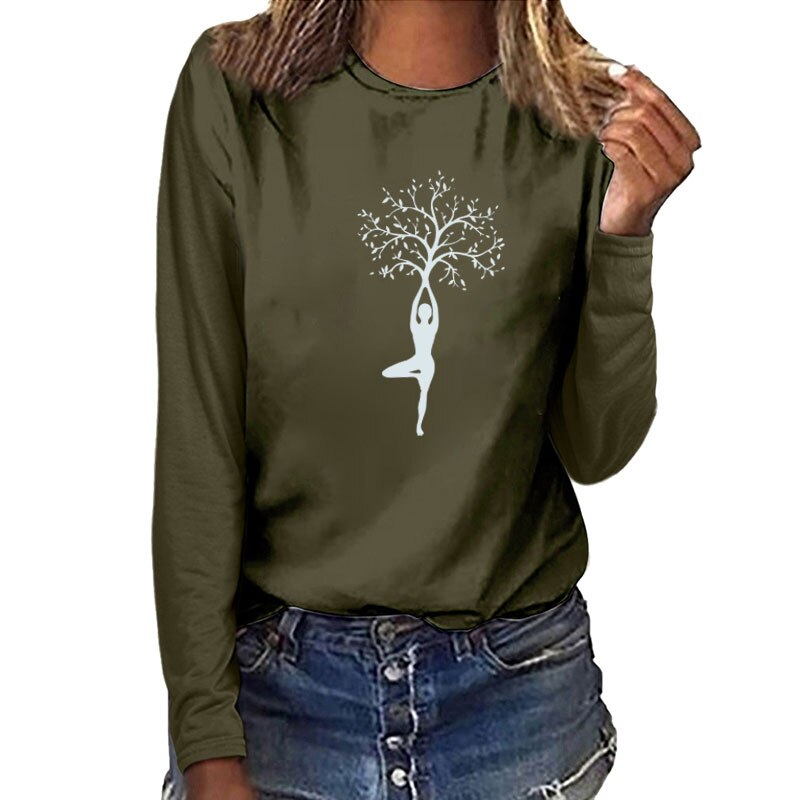Dame Baum Druck Lange Hülse T-shirts Frauen Herbst Winter Shirts für Frauen Baumwolle Graphic Tees Ästhetischen Weiß O Neck Tops weibliche – Bild 4