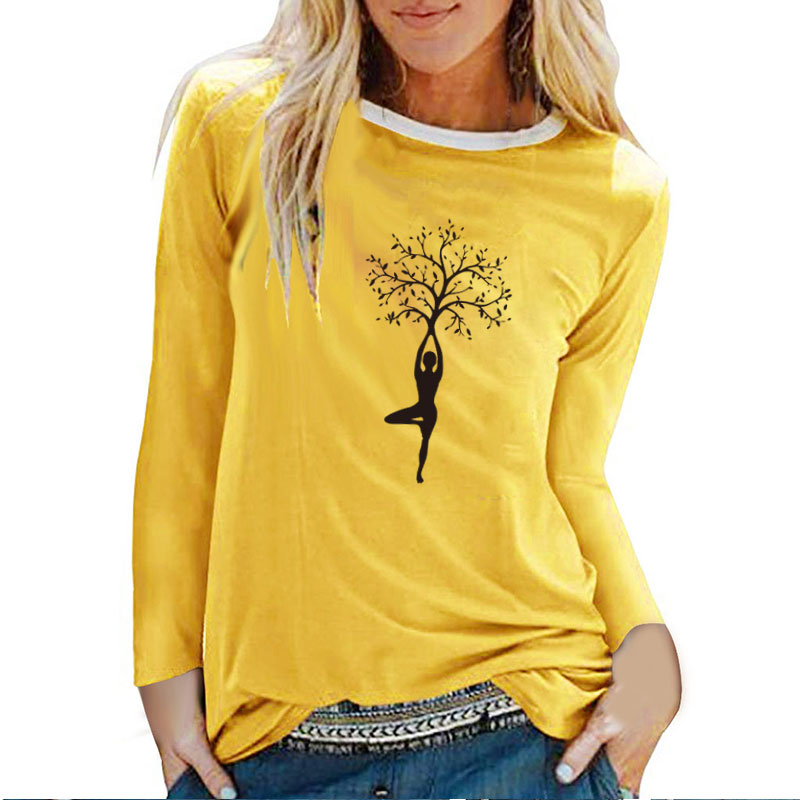Dame Baum Druck Lange Hülse T-shirts Frauen Herbst Winter Shirts für Frauen Baumwolle Graphic Tees Ästhetischen Weiß O Neck Tops weibliche – Bild 5